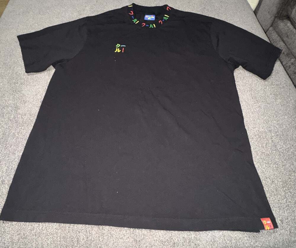 Cool Floppy Black T-Shirt with Embroidered Japanese Text Size XL